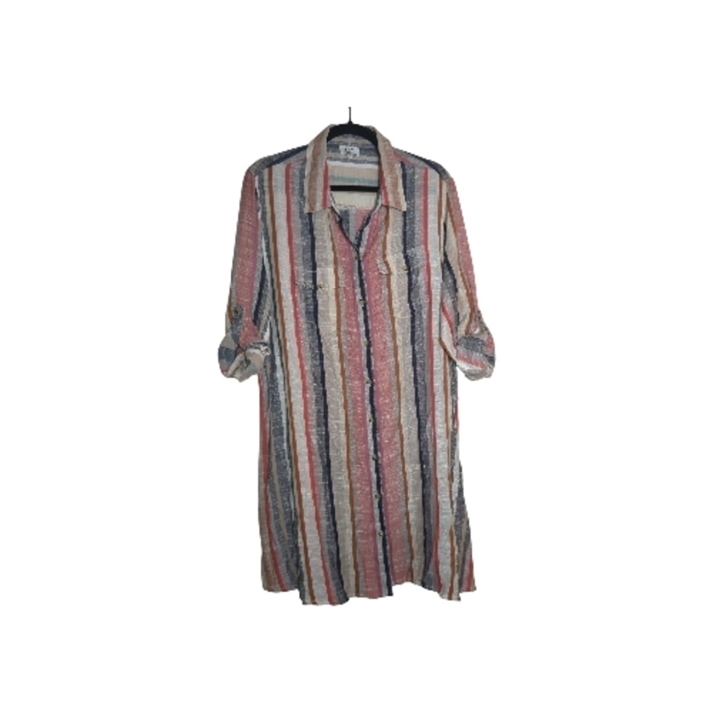 Casual Cotton Muted Color Striped Button Front Mini Shirt Dress Coastal Bohochic